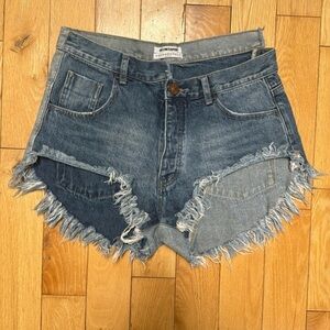 One Teaspoon Rollers Low Waist Long Rise‎ Extreme Curved Raw Hem Denim Shorts 27